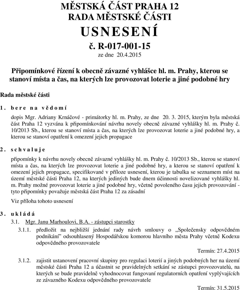 2015, kterým byla městská část Praha 12 vyzvána k připomínkování návrhu novely obecně závazné vyhlášky hl. m. Prahy č. 10/2013 Sb.