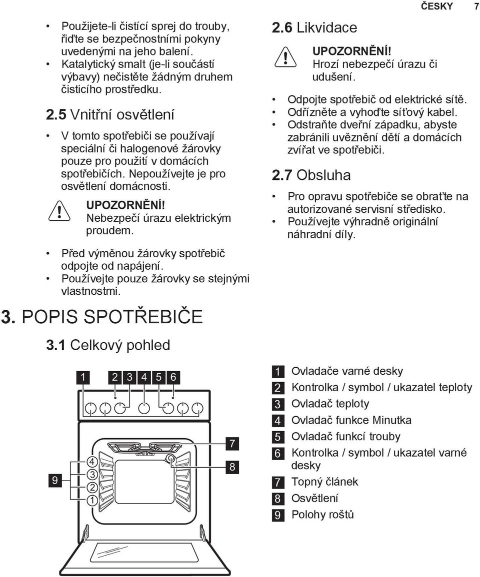 Nebezpeèí úrazu elektrickım proudem. Pøed vımìnou árovky spotøebiè odpojte od napájení. Pou ívejte pouze árovky se stejnımi vlastnostmi. 3. POPIS SPOTØEBIÈE 3.1 Celkovı pohled 2.