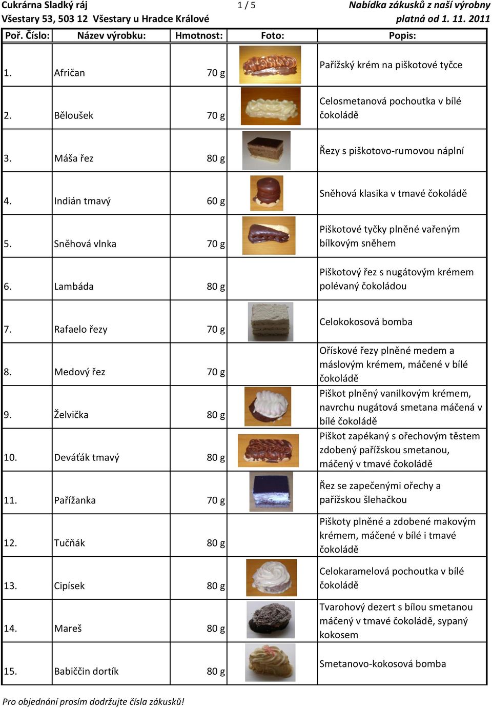 Lambáda 80 g Sněhová klasika v tmavé Piškotové tyčky plněné vařeným bílkovým sněhem Piškotový řez s nugátovým krémem polévaný 7. Rafaelo řezy 70 g 8. Medový řez 70 g 9. Želvička 80 g 10.