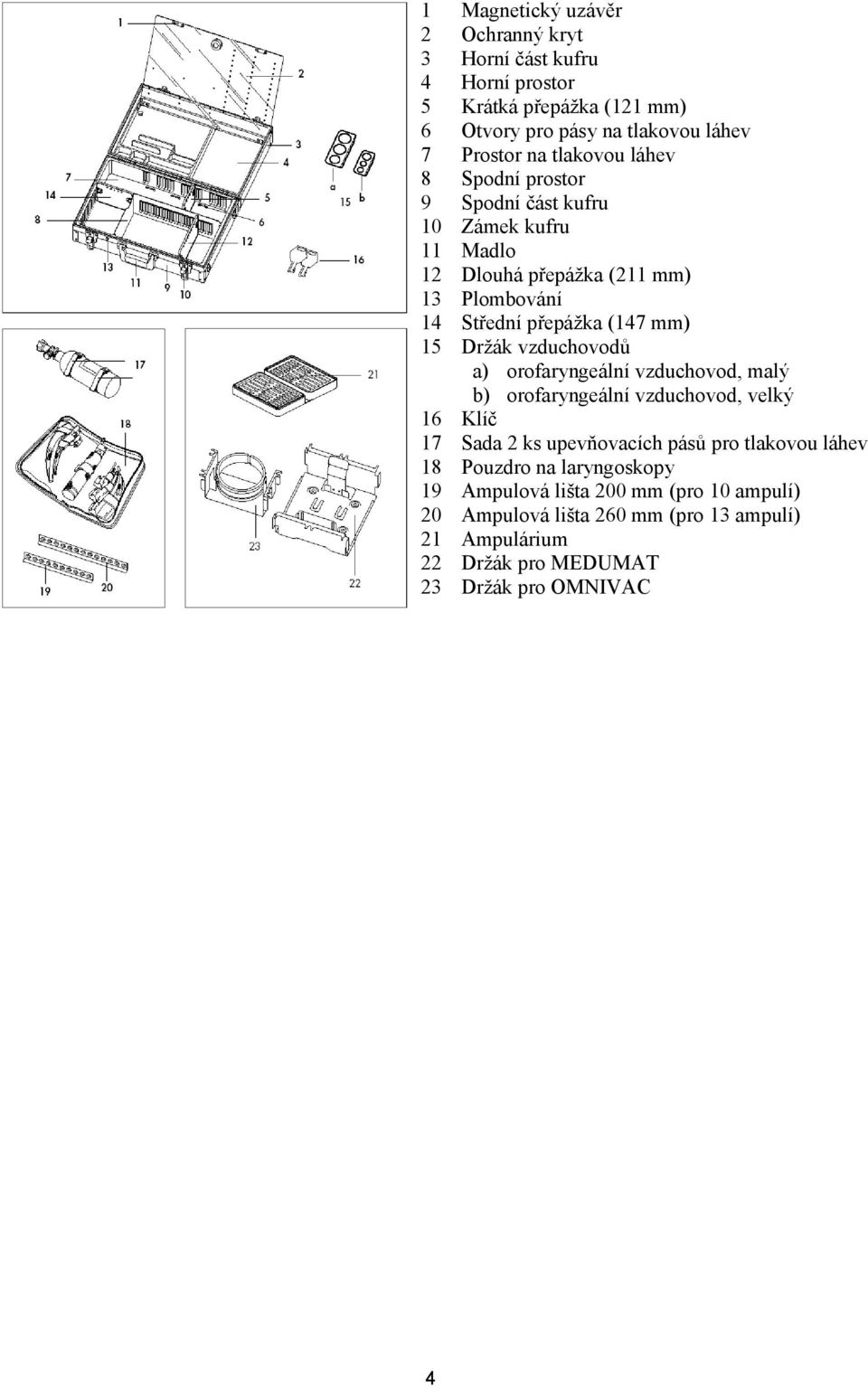 Držák vzduchovodů a) orofaryngeální vzduchovod, malý b) orofaryngeální vzduchovod, velký 16 Klíč 17 Sada 2 ks upevňovacích pásů pro tlakovou láhev 18