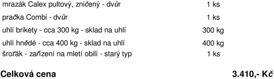 - cca 400 kg - sklad na uhlí šro ák - za ízení na