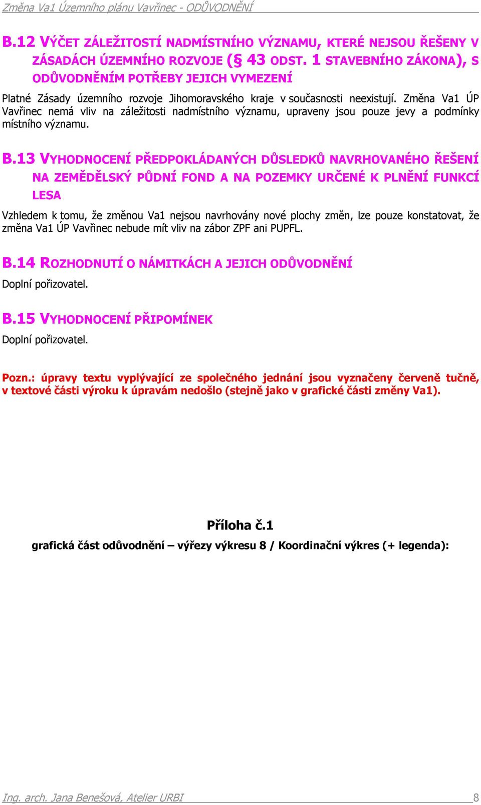 Změna Va1 ÚP Vavřinec nemá vliv na záležitosti nadmístního významu, upraveny jsou pouze jevy a podmínky místního významu. B.