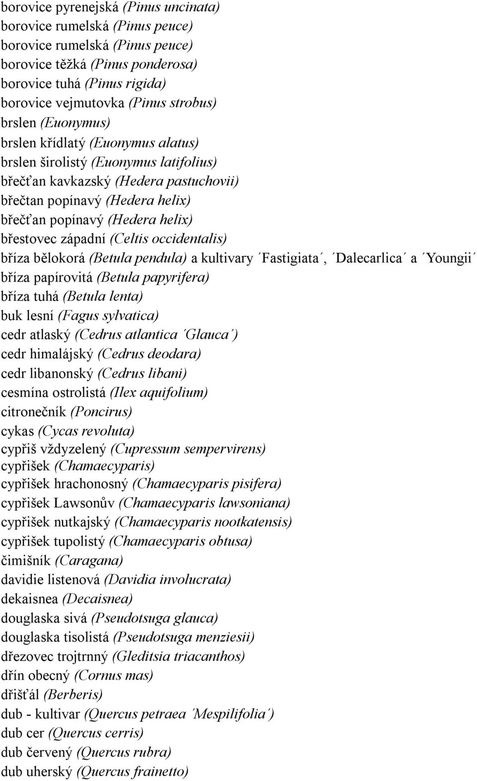 břestovec západní (Celtis occidentalis) bříza bělokorá (Betula pendula) a kultivary Fastigiata, Dalecarlica a Youngii bříza papírovitá (Betula papyrifera) bříza tuhá (Betula lenta) buk lesní (Fagus