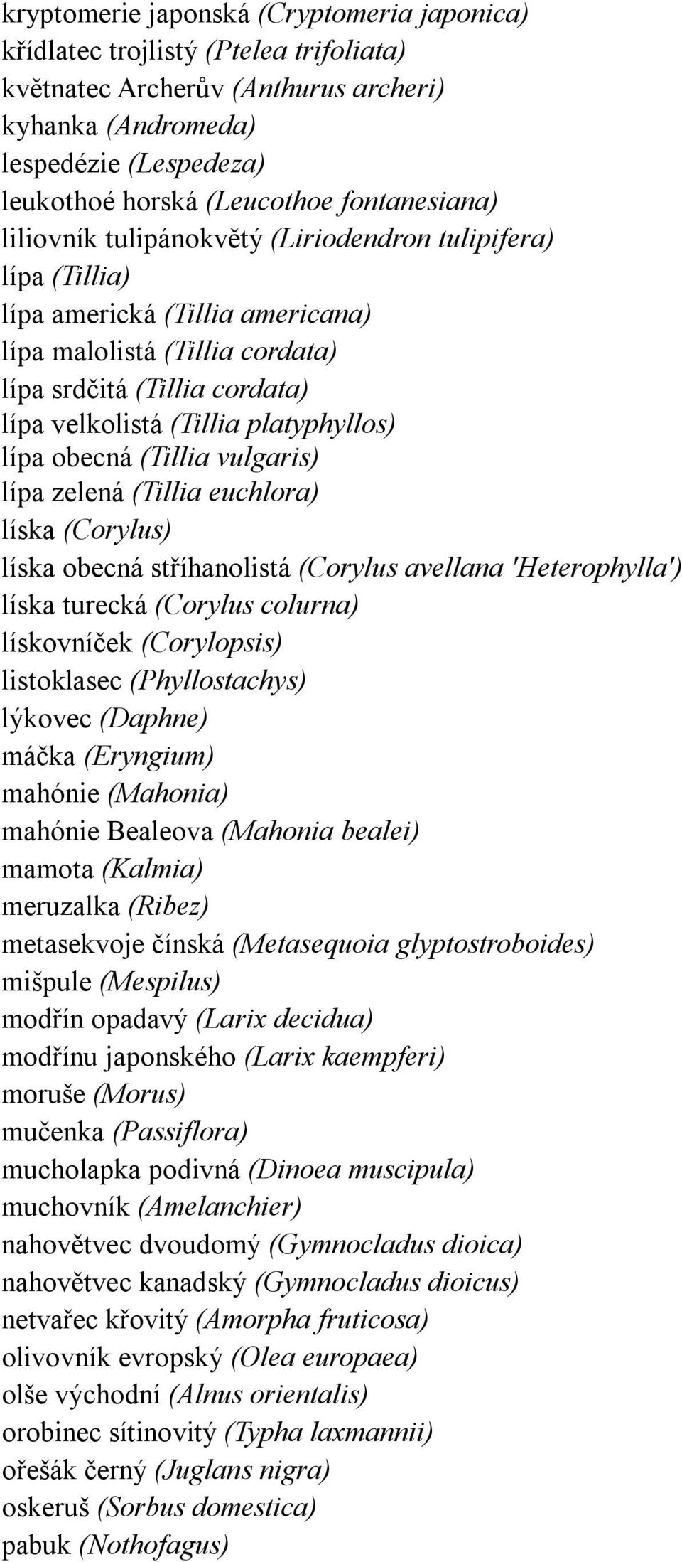 platyphyllos) lípa obecná (Tillia vulgaris) lípa zelená (Tillia euchlora) líska (Corylus) líska obecná stříhanolistá (Corylus avellana 'Heterophylla') líska turecká (Corylus colurna) lískovníček