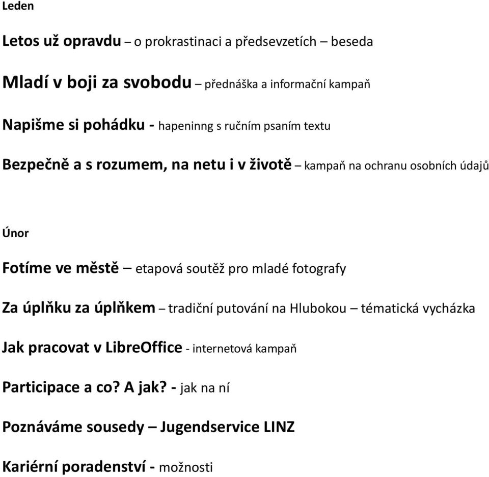 městě etapová soutěž pro mladé fotografy Za úplňku za úplňkem tradiční putování na Hlubokou tématická vycházka Jak pracovat v