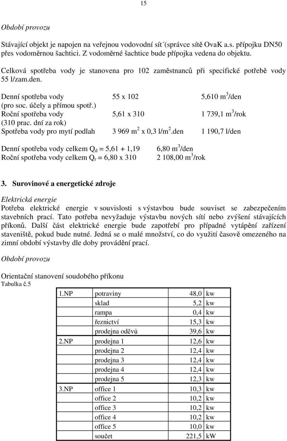 ) Roční spotřeba vody 5,61 x 310 1 739,1 m 3 /rok (310 prac. dní za rok) Spotřeba vody pro mytí podlah 3 969 m 2 x 0,3 l/m 2.