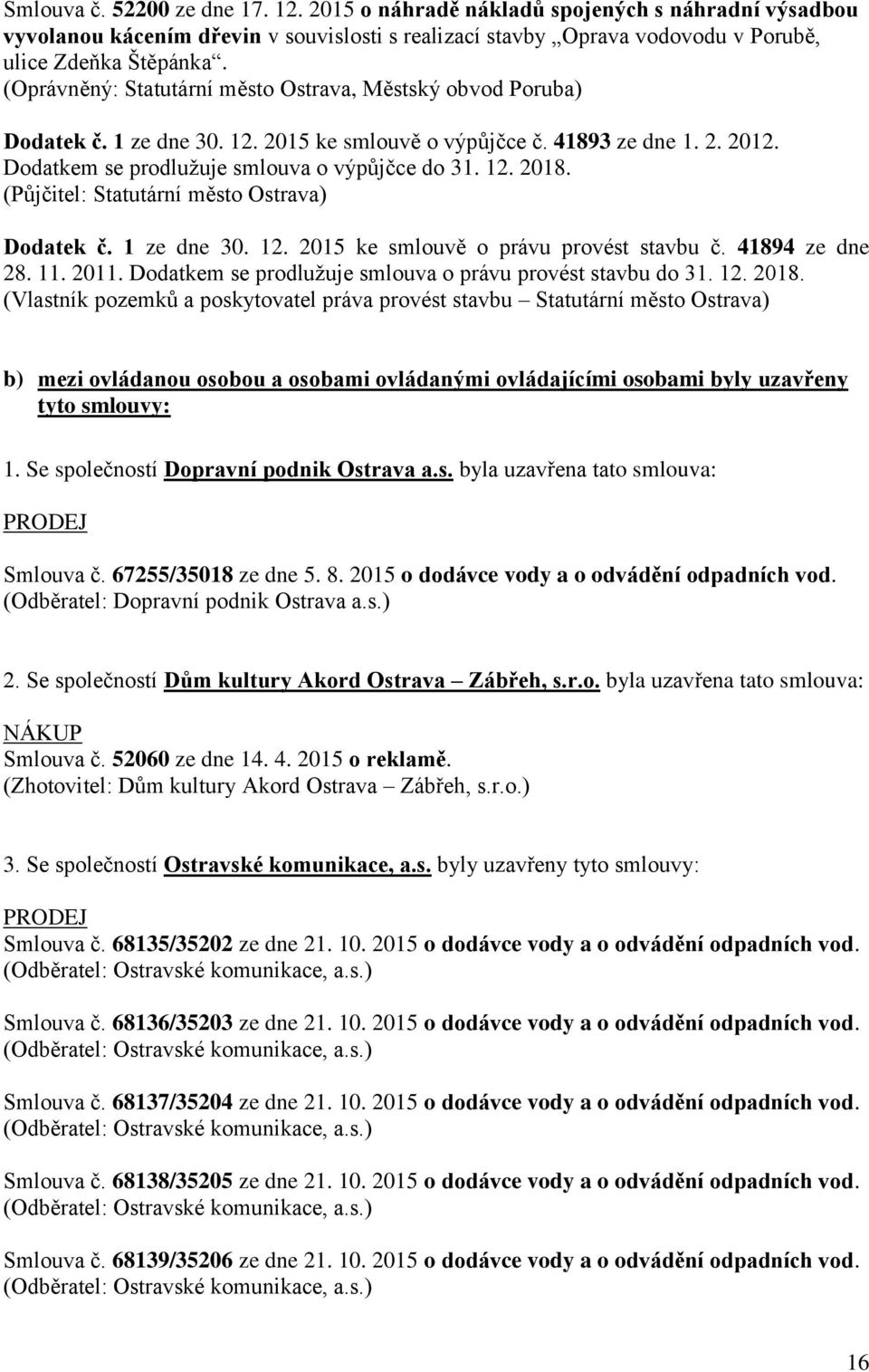 (Půjčitel: Statutární město Ostrava) Dodatek č. 1 ze dne 30. 12. 2015 ke smlouvě o právu provést stavbu č. 41894 ze dne 28. 11. 2011. Dodatkem se prodlužuje smlouva o právu provést stavbu do 31. 12. 2018.