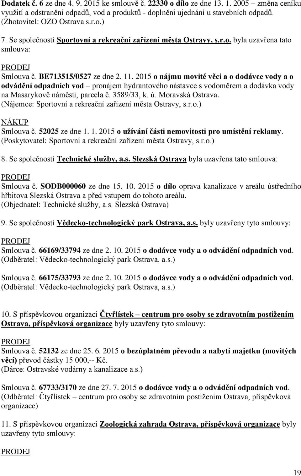 2015 o nájmu movité věci a o dodávce vody a o odvádění odpadních vod pronájem hydrantového nástavce s vodoměrem a dodávka vody na Masarykově náměstí, parcela č. 3589/33, k. ú. Moravská Ostrava.