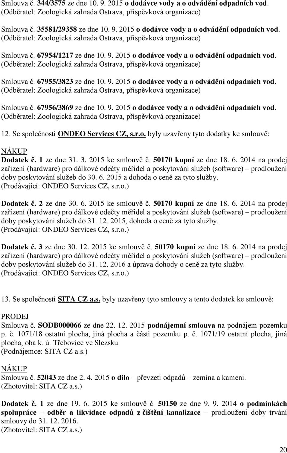 9. 2015 o dodávce vody a o odvádění odpadních vod. (Odběratel: Zoologická zahrada Ostrava, ) 12. Se společností ONDEO Services CZ, s.r.o. byly uzavřeny tyto dodatky ke smlouvě: NÁKUP Dodatek č.