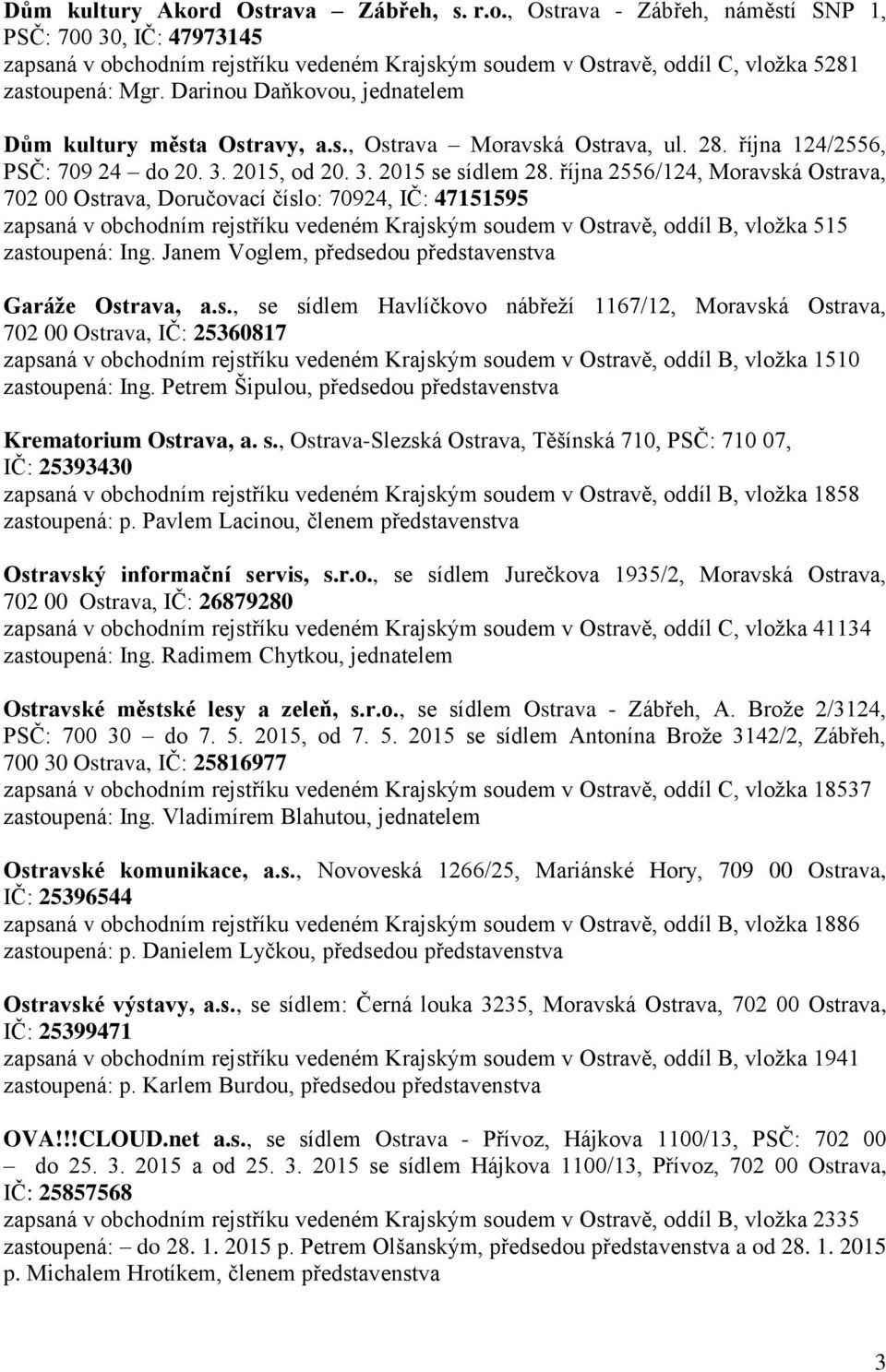 října 2556/124, Moravská Ostrava, 702 00 Ostrava, Doručovací číslo: 70924, IČ: 47151595 zapsaná v obchodním rejstříku vedeném Krajským soudem v Ostravě, oddíl B, vložka 515 zastoupená: Ing.