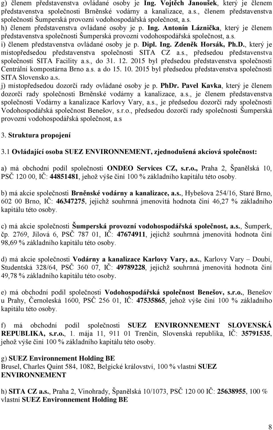 Dipl. Ing. Zdeněk Horsák, Ph.D., který je místopředsedou představenstva společnosti SITA CZ a.s., předsedou představenstva společnosti SITA Facility a.s., do 31. 12.