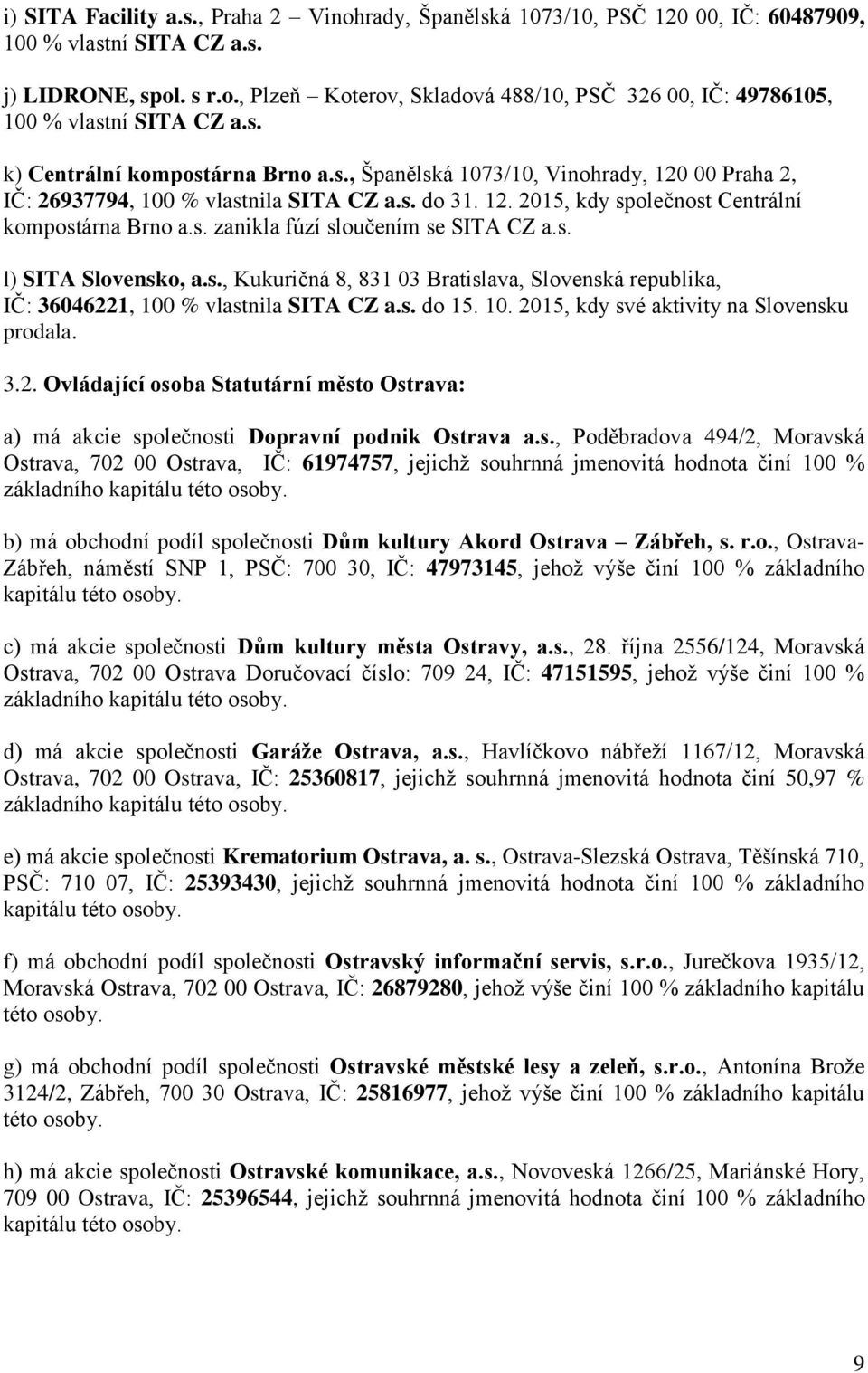 s. l) SITA Slovensko, a.s., Kukuričná 8, 831 03 Bratislava, Slovenská republika, IČ: 36046221, 100 % vlastnila SITA CZ a.s. do 15. 10. 2015, kdy své aktivity na Slovensku prodala. 3.2. Ovládající osoba Statutární město Ostrava: a) má akcie společnosti Dopravní podnik Ostrava a.