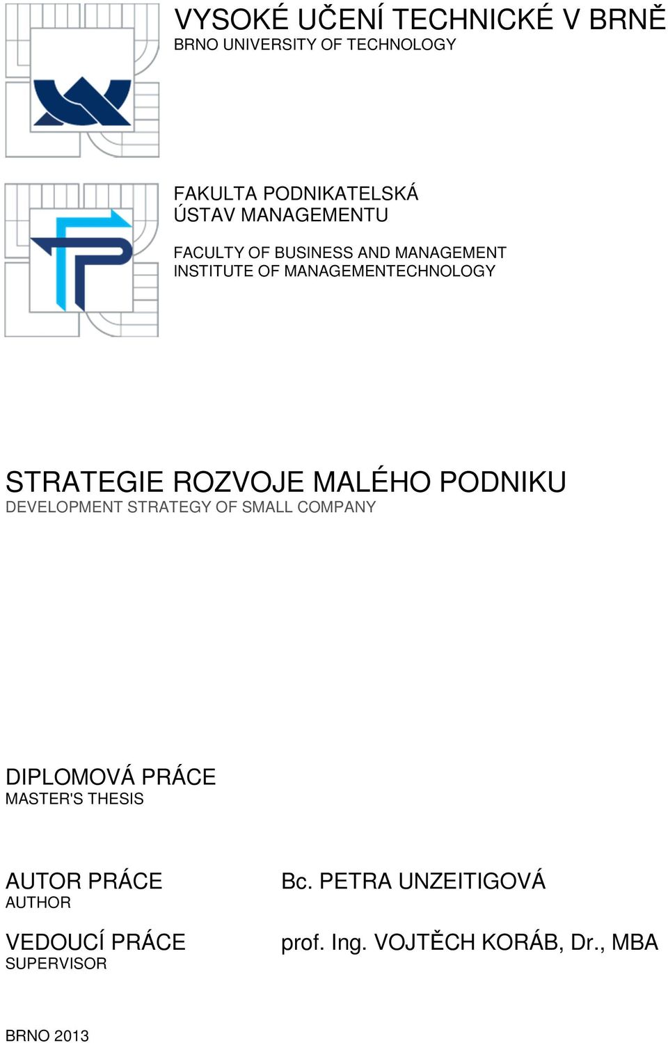 ROZVOJE MALÉHO PODNIKU DEVELOPMENT STRATEGY OF SMALL COMPANY DIPLOMOVÁ PRÁCE MASTER'S THESIS