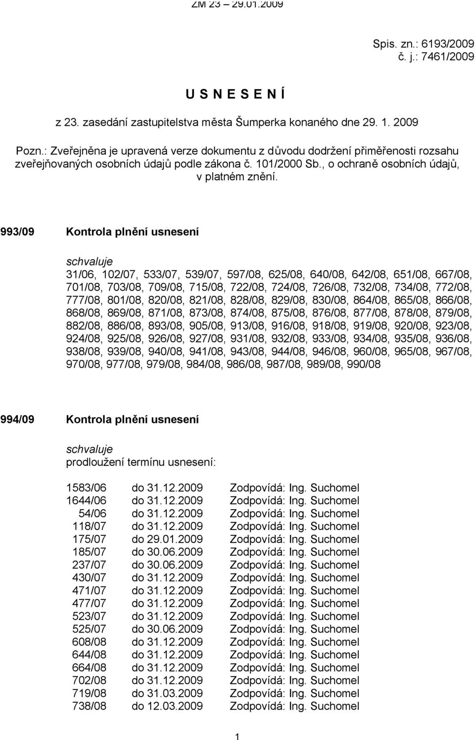 993/09 Kontrola plnění usnesení 31/06, 102/07, 533/07, 539/07, 597/08, 625/08, 640/08, 642/08, 651/08, 667/08, 701/08, 703/08, 709/08, 715/08, 722/08, 724/08, 726/08, 732/08, 734/08, 772/08, 777/08,