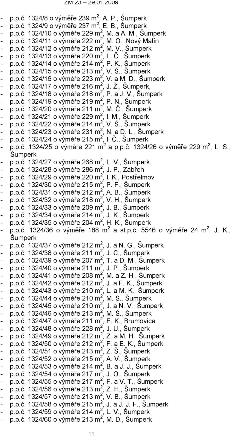 Š., Šumperk - p.p.č. 1324/16 o výměře 223 m 2, V. a M. D., Šumperk - p.p.č. 1324/17 o výměře 216 m 2, J. Ž., Šumperk, - p.p.č. 1324/18 o výměře 218 m 2, P. a J. V., Šumperk - p.p.č. 1324/19 o výměře 219 m 2, P.