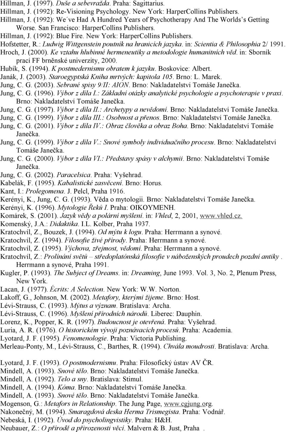 in: Scientia & Philosophia 2/ 1991. Hroch, J. (2000). Ke vztahu hlubinné hermeneutiky a metodologie humanitních věd. in: Sborník prací FF brněnské univerzity, 2000. Hubík, S. (1994).