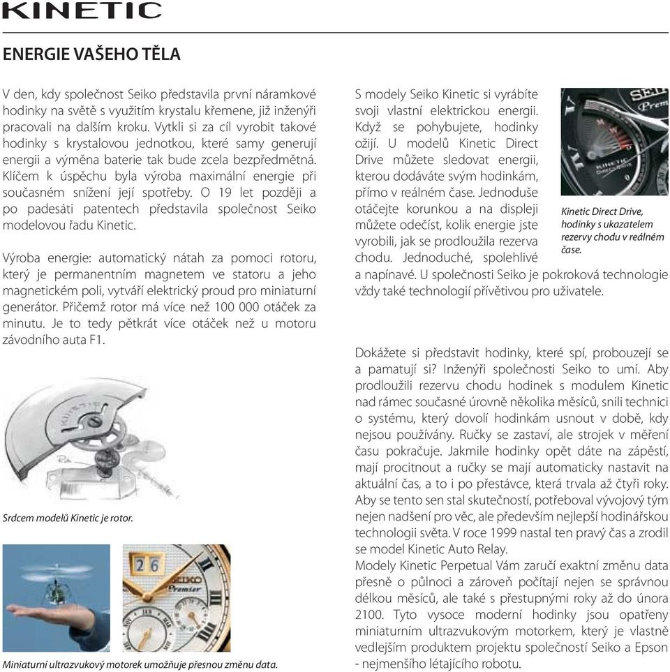 Klíčem k úspěchu byla výroba maximální energie při současném snížení její spotřeby. O 19 let později a po padesáti patentech představila společnost Seiko modelovou řadu Kinetic.