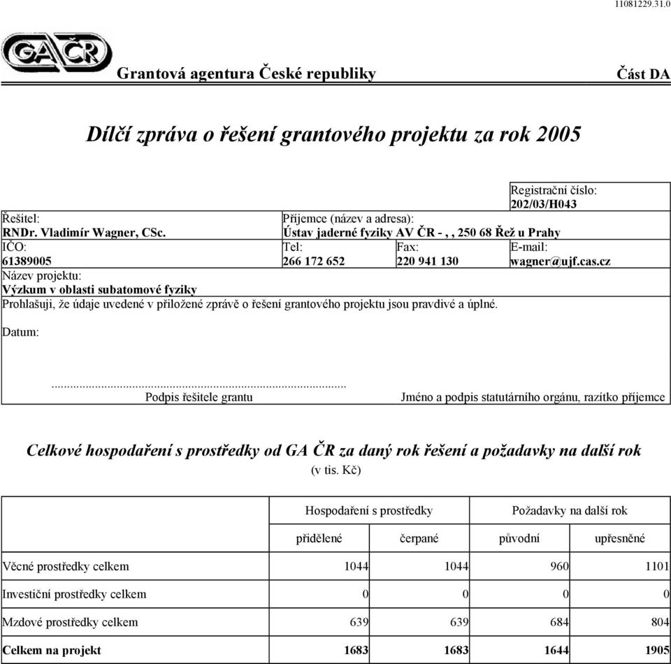 cz Název projektu: Výzkum v oblasti subatomové fyziky Prohlašuji, že údaje uvedené v přiložené zprávě o řešení grantového projektu jsou pravdivé a úplné. Datum:.