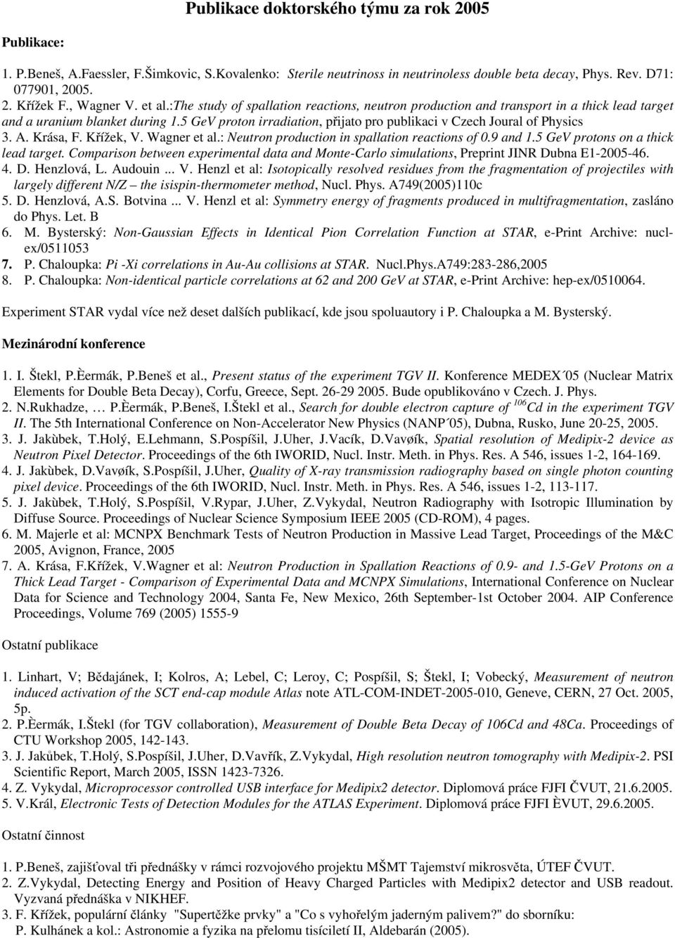 5 GeV proton irradiation, přijato pro publikaci v Czech Joural of Physics 3. A. Krása, F. Křížek, V. Wagner et al.: Neutron production in spallation reactions of 0.9 and 1.