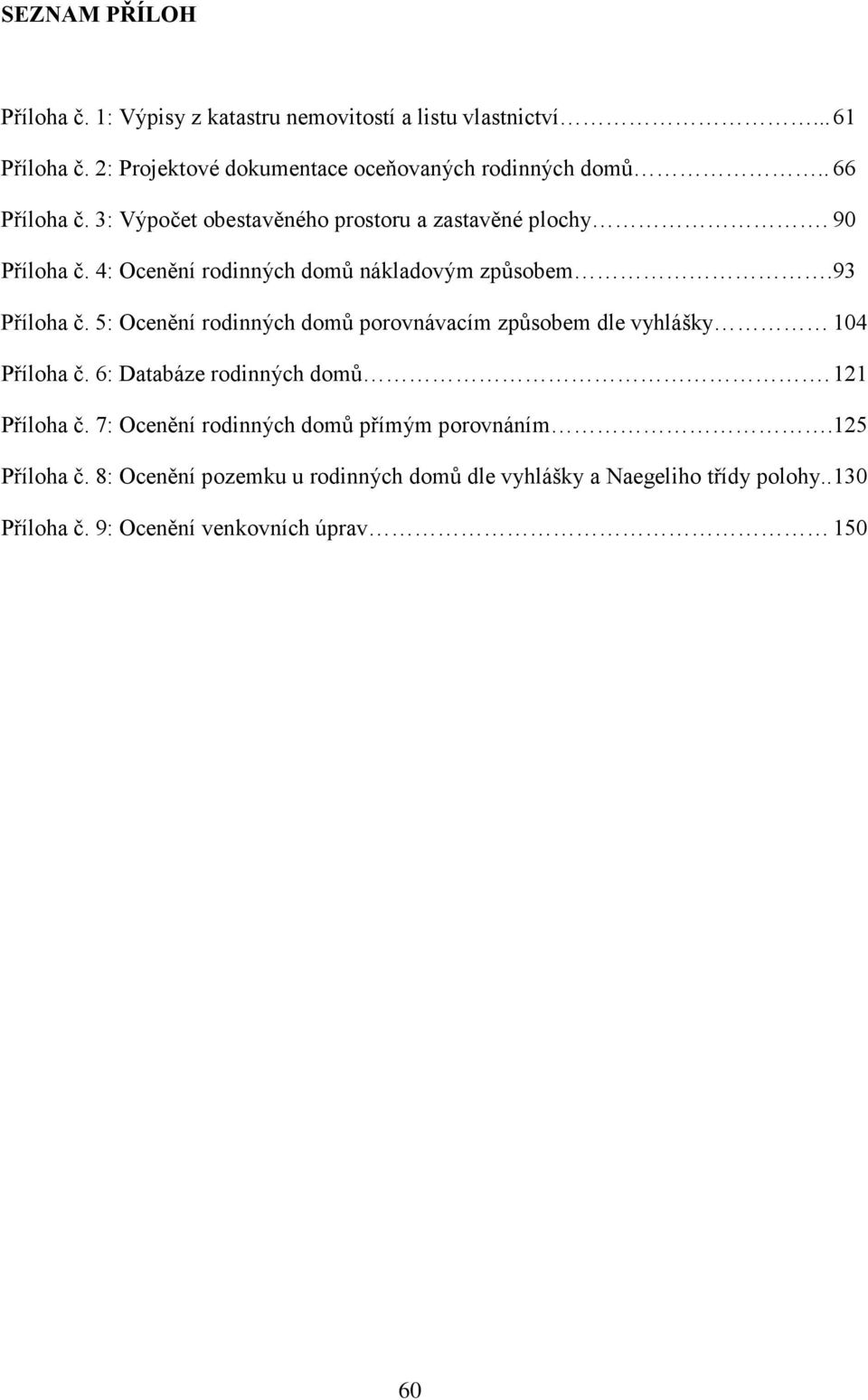 5: Ocenění rodinných domů porovnávacím způsobem dle vyhlášky 104 Příloha č. 6: Databáze rodinných domů. 121 Příloha č.