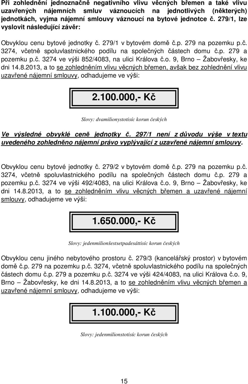 8.2013, a to se zohledněním vlivu věcných břemen, avšak bez zohlednění vlivu uzavřené nájemní smlouvy, odhadujeme ve výši: 2.100.