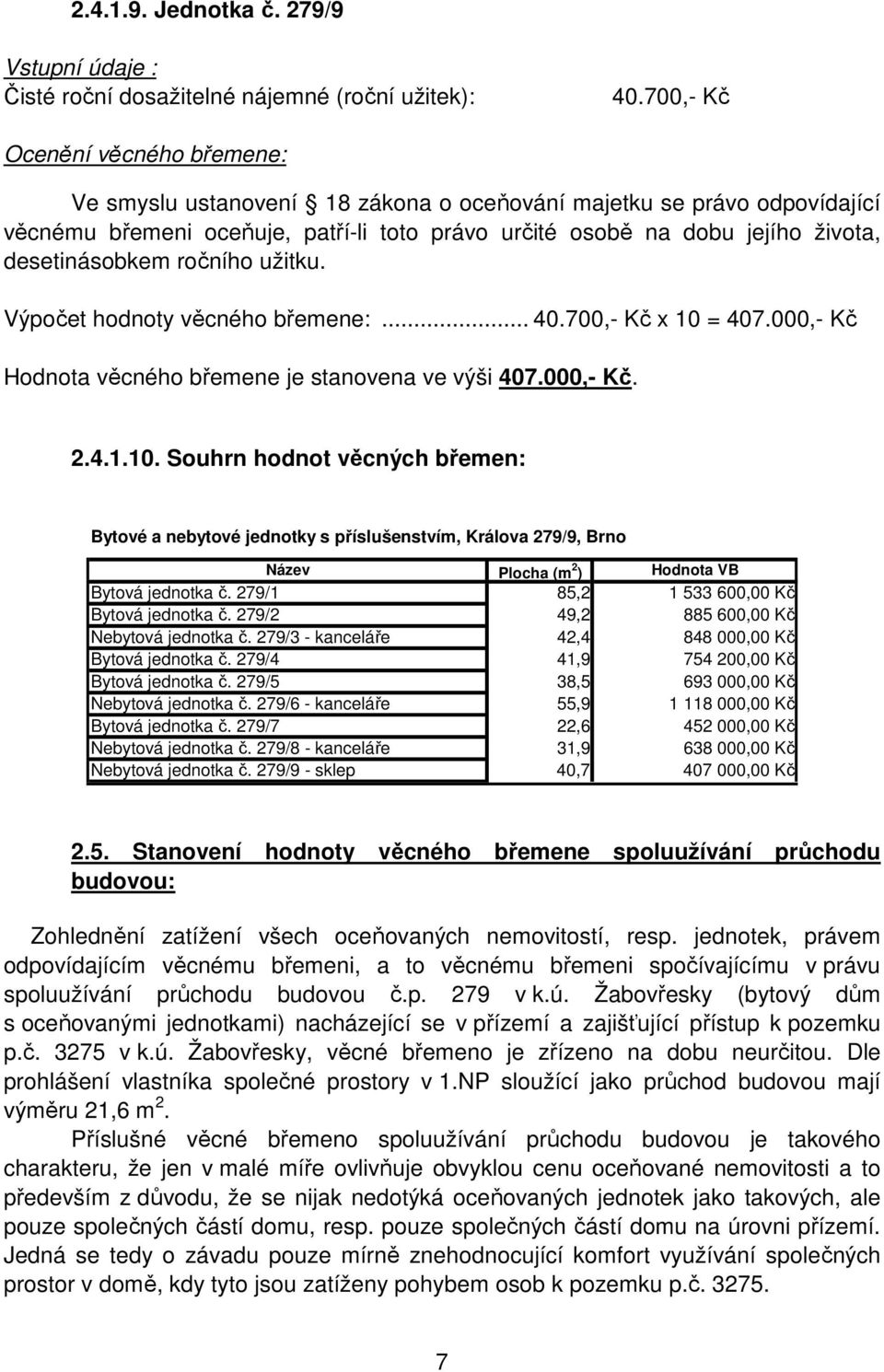 Výpočet hodnoty věcného břemene:... 40.700,- Kč x 10 = 407.000,- Kč Hodnota věcného břemene je stanovena ve výši 407.000,- Kč. 2.4.1.10. Souhrn hodnot věcných břemen: Bytové a nebytové jednotky s příslušenstvím, Králova 279/9, Brno Název Plocha (m 2 ) Hodnota VB Bytová jednotka č.