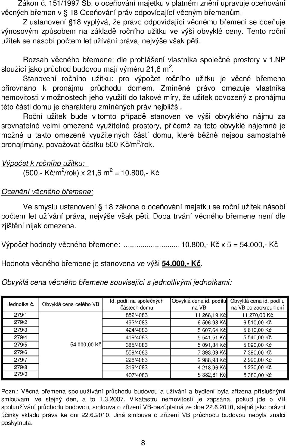 Tento roční užitek se násobí počtem let užívání práva, nejvýše však pěti. Rozsah věcného břemene: dle prohlášení vlastníka společné prostory v 1.NP sloužící jako průchod budovou mají výměru 21,6 m 2.