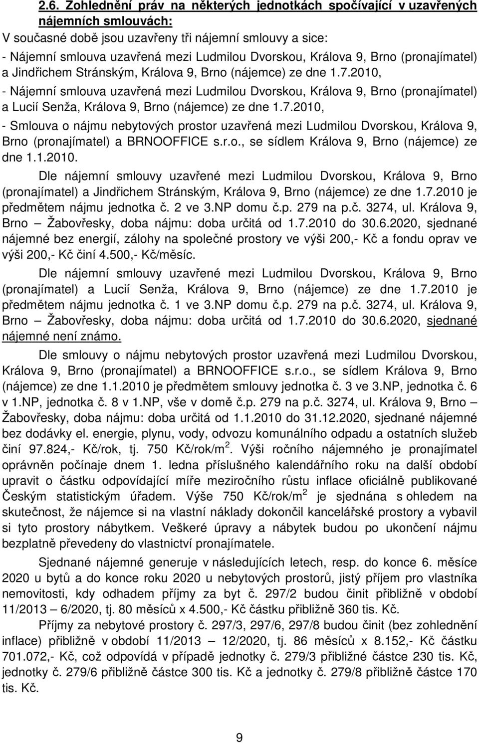 2010, - Nájemní smlouva uzavřená mezi Ludmilou Dvorskou, Králova 9, Brno (pronajímatel) a Lucií Senža, Králova 9, Brno (nájemce) ze dne 1.7.