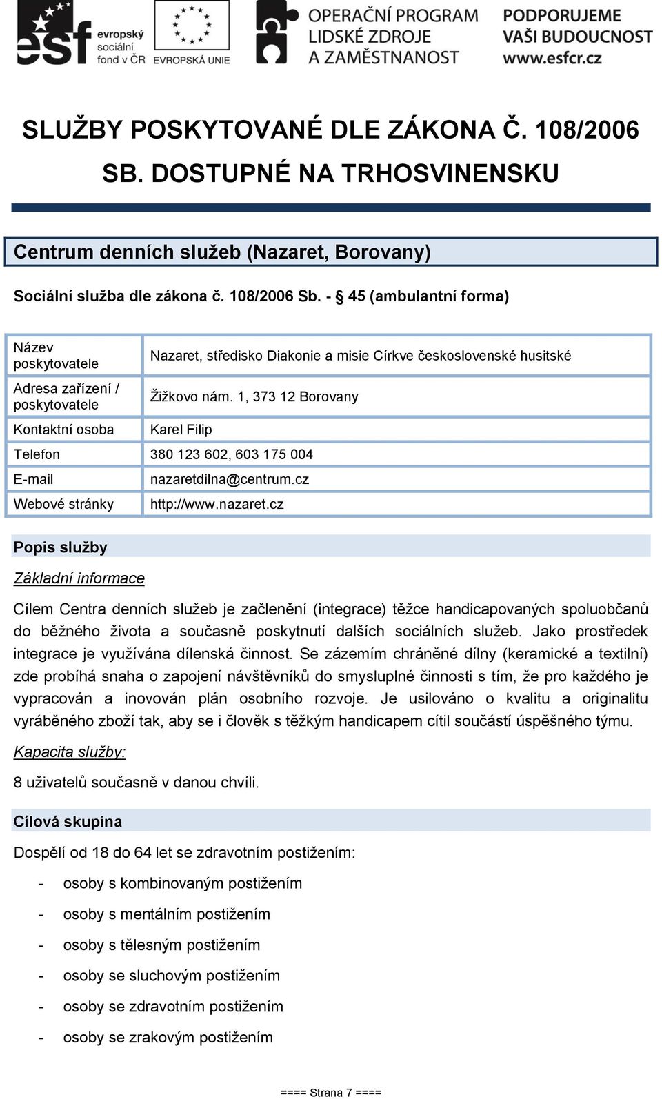 1, 373 12 Borovany Karel Filip Telefon 380 123 602, 603 175 004 nazaretd