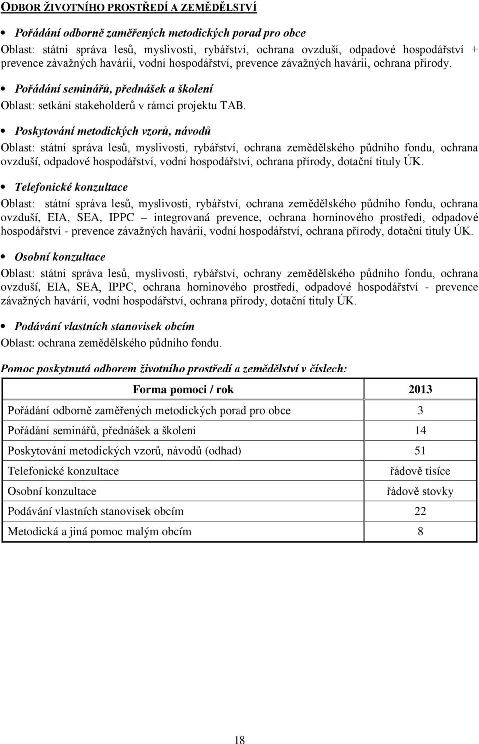 Oblast: státní správa lesů, myslivosti, rybářství, ochrana zemědělského půdního fondu, ochrana ovzduší, odpadové hospodářství, vodní hospodářství, ochrana přírody, dotační tituly ÚK.