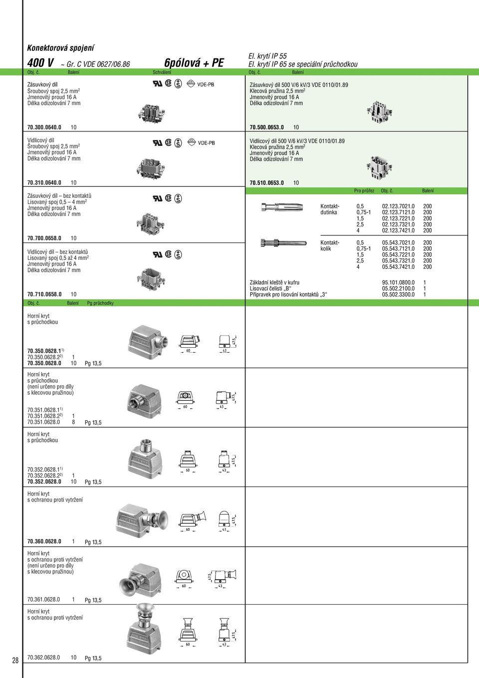 0 10 Vidlicov díl 500 V/6 kv/3 VDE 0110/01.89 Klecová pruïina 2,5 mm 2 70.310.0640.0 10 Zásuvkov díl bez kontaktû Lisovan spoj 0,5 4 mm 2 70.700.0658.