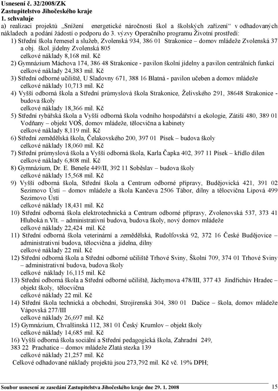 Kč 2) Gymnázium Máchova 174, 386 48 Strakonice - pavilon školní jídelny a pavilon centrálních funkcí celkové náklady 24,383 mil.