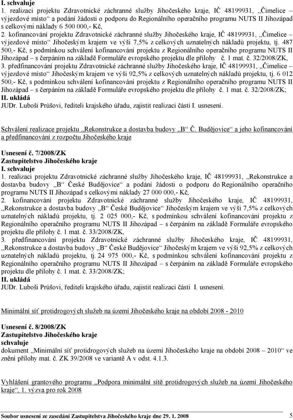 kofinancování projektu Zdravotnické záchranné služby Jihočeského kraje, IČ 48199931, Čimelice výjezdové místo Jihočeským krajem ve výši 7,5% z celkových uznatelných nákladů projektu, tj.