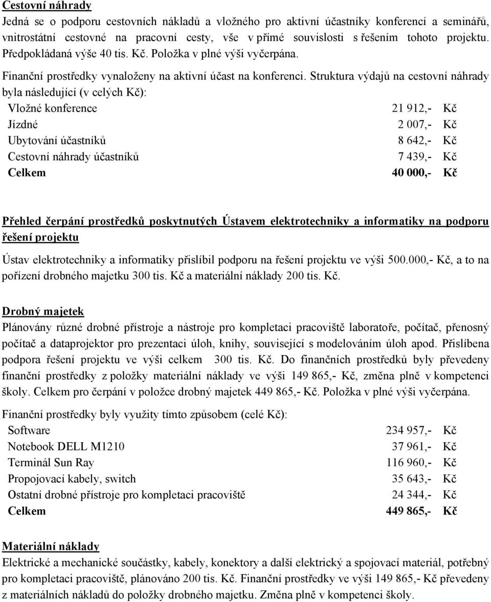 Struktura výdajů na cestovní náhrady byla následující (v celých Kč): Vložné konference 21 912,- Kč Jízdné 2 007,- Kč Ubytování účastníků 8 642,- Kč Cestovní náhrady účastníků 7 439,- Kč 40 000,- Kč