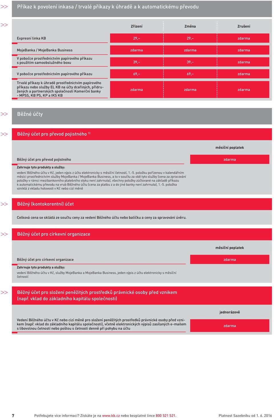 přidružených a partnerských společností Komerční banky - MPSS, KB PS, KP a IKS KB Běžné účty Běžný účet pro převod pojistného 1) měsíční poplatek Běžný účet pro převod pojistného Zahrnuje tyto