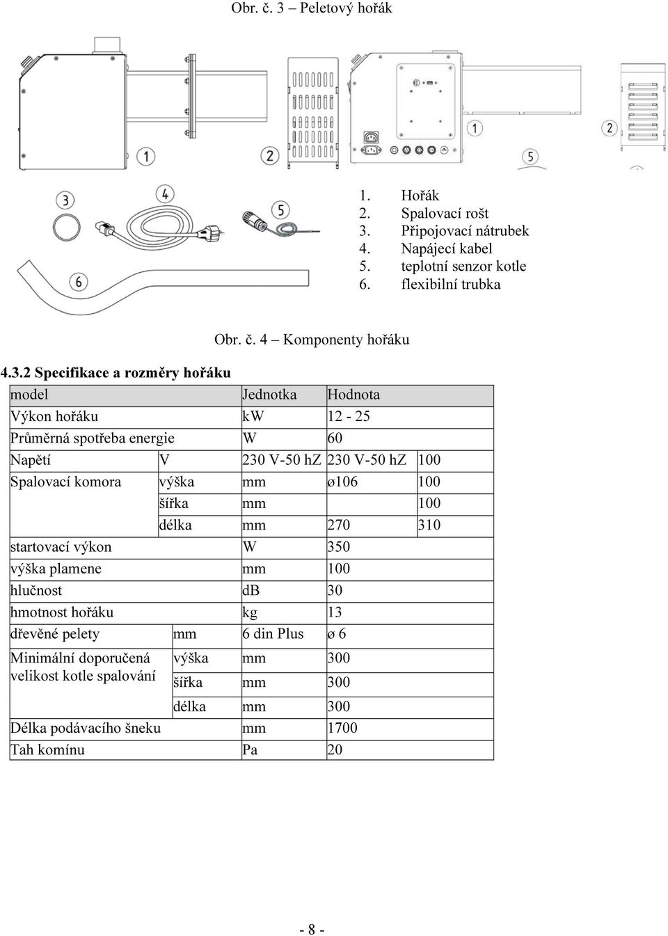 komora výška mm ø106 100 šířka mm 100 délka mm 270 310 startovací výkon W 350 výška plamene mm 100 hlučnost db 30 hmotnost hořáku kg 13 dřevěné pelety mm 6