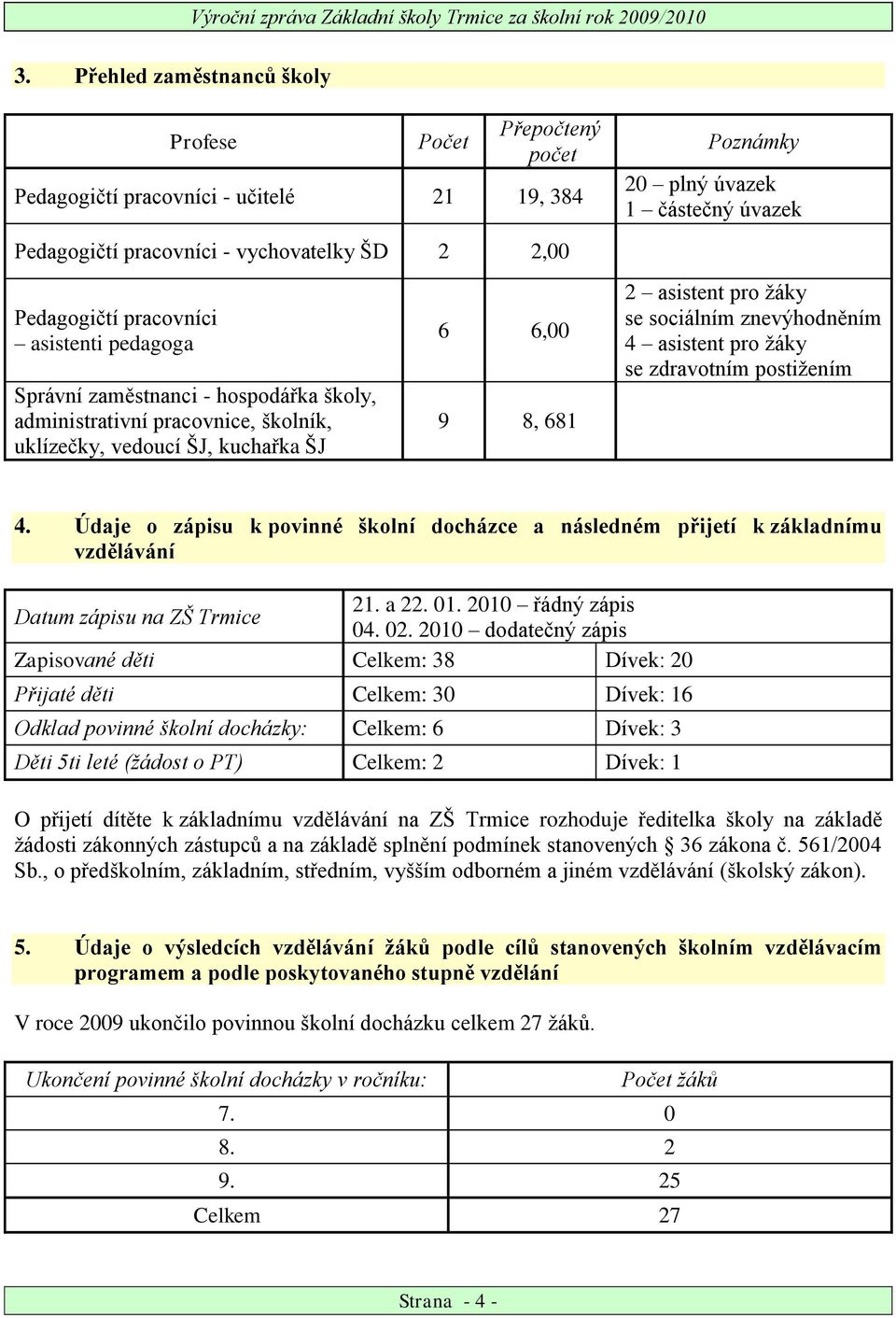 sociálním znevýhodněním 4 asistent pro ţáky se zdravotním postiţením 4. Údaje o zápisu k povinné školní docházce a následném přijetí k základnímu vzdělávání 21. a 22. 01.