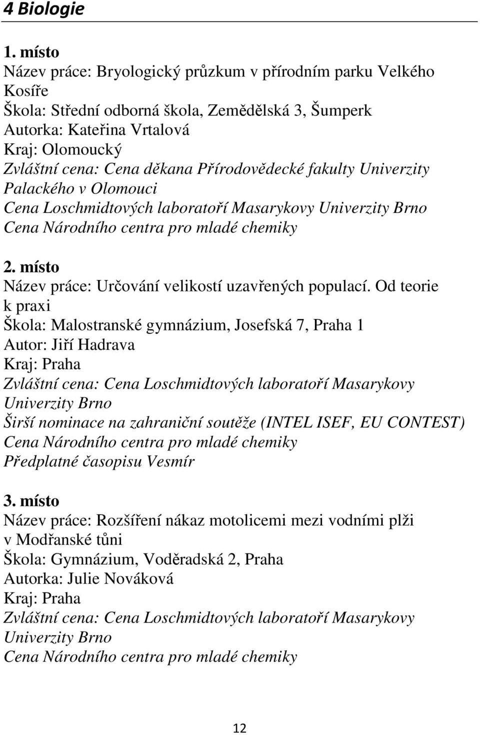 Přírodovědecké fakulty Univerzity Palackého v Olomouci Cena Loschmidtových laboratoří Masarykovy Univerzity Brno Cena Národního centra pro mladé chemiky 2.