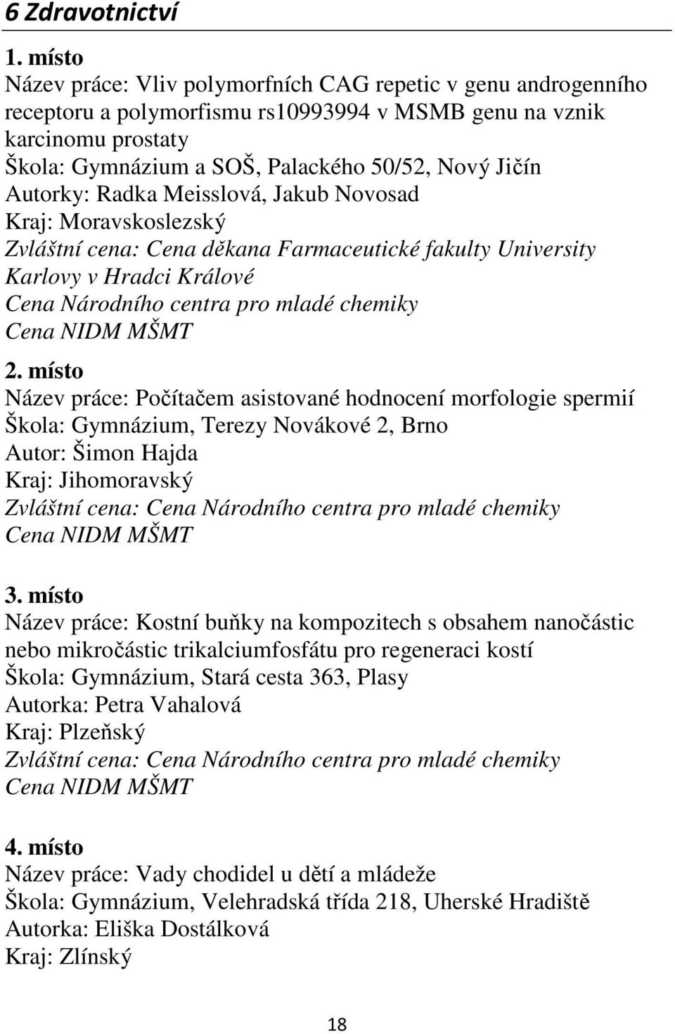 Autorky: Radka Meisslová, Jakub Novosad Kraj: Moravskoslezský Zvláštní cena: Cena děkana Farmaceutické fakulty University Karlovy v Hradci Králové Cena Národního centra pro mladé chemiky Cena NIDM