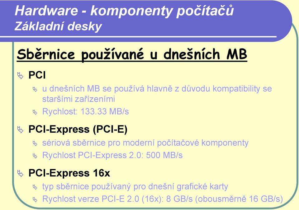 33 MB/s PCI-Express (PCI-E) sériová sběrnice pro moderní počítačové komponenty Rychlost