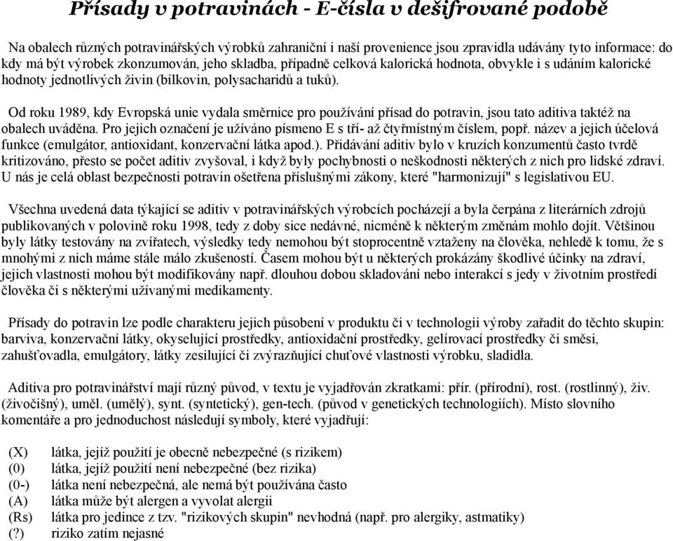 Od roku 1989, kdy Evropská unie vydala směrnice pro používání přísad do potravin, jsou tato aditiva taktéž na obalech uváděna.