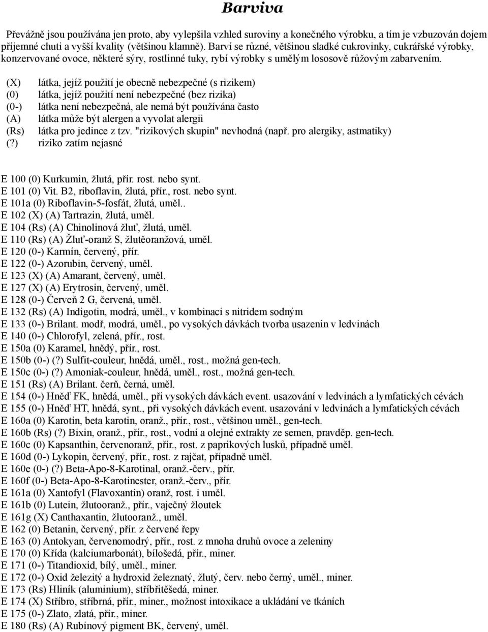 rost. nebo synt. E 101 (0) Vit. B2, riboflavin, žlutá, přír., rost. nebo synt. E 101a (0) Riboflavin-5-fosfát, žlutá, uměl.. E 102 (X) (A) Tartrazin, žlutá, uměl.