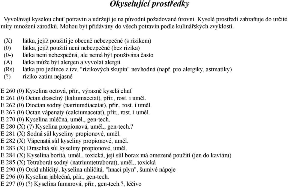 E 262 (0) Dioctan sodný (natriumdiacetat), přír., rost. i uměl. E 263 (0) Octan vápenatý (calciumacetat), přír., rost. i uměl. E 270 (0) Kyselina mléčná, uměl., gen-tech. E 280 (X) (?