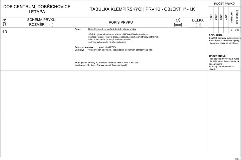 oplechování prostupů střešním pláštěm sněhové zábrany dle návrhu dodavatele CELKEM 1 KPL Hrubá plocha