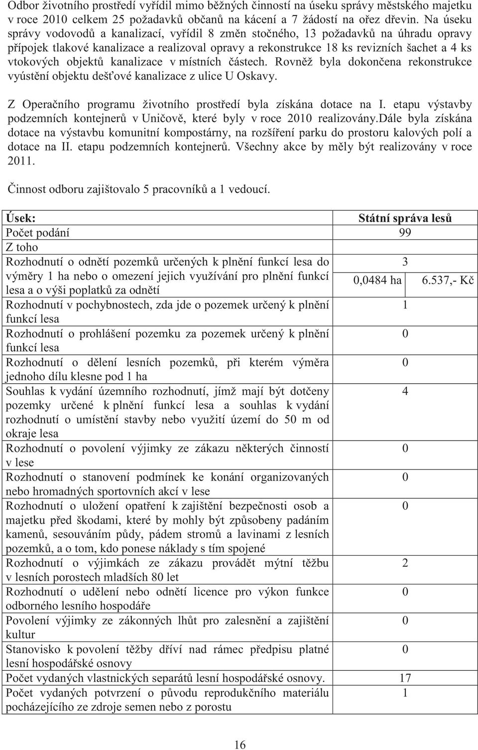 objektů kanalizace v místních částech. Rovněž byla dokončena rekonstrukce vyústění objektu dešťové kanalizace z ulice U Oskavy. Z Operačního programu životního prostředí byla získána dotace na I.