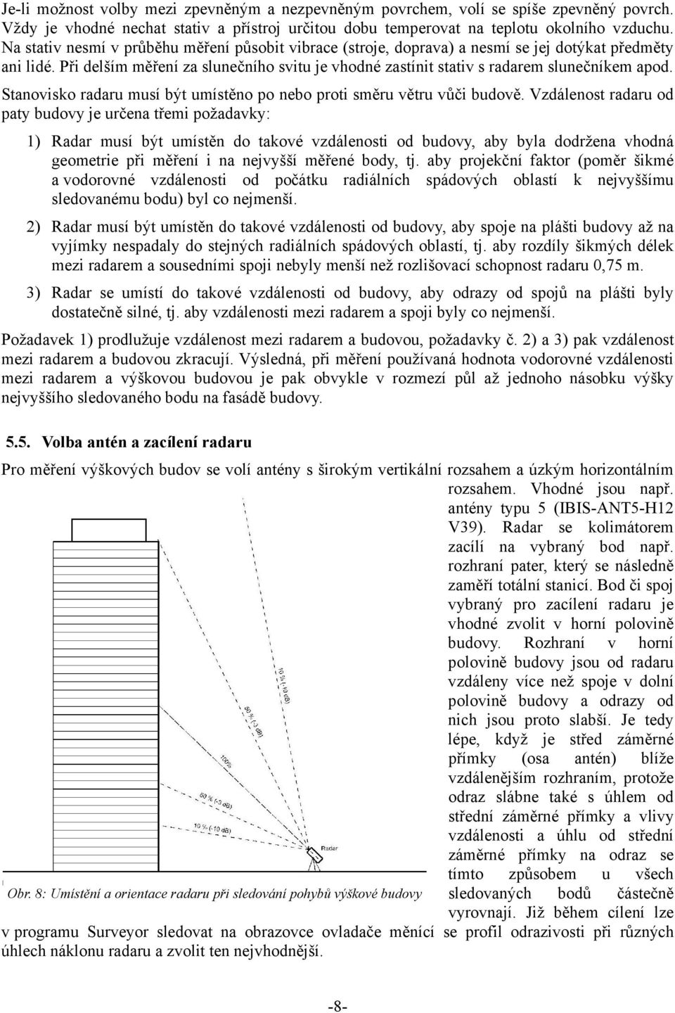 Stanovisko radaru musí být umístěno po nebo proti směru větru vůči budově.