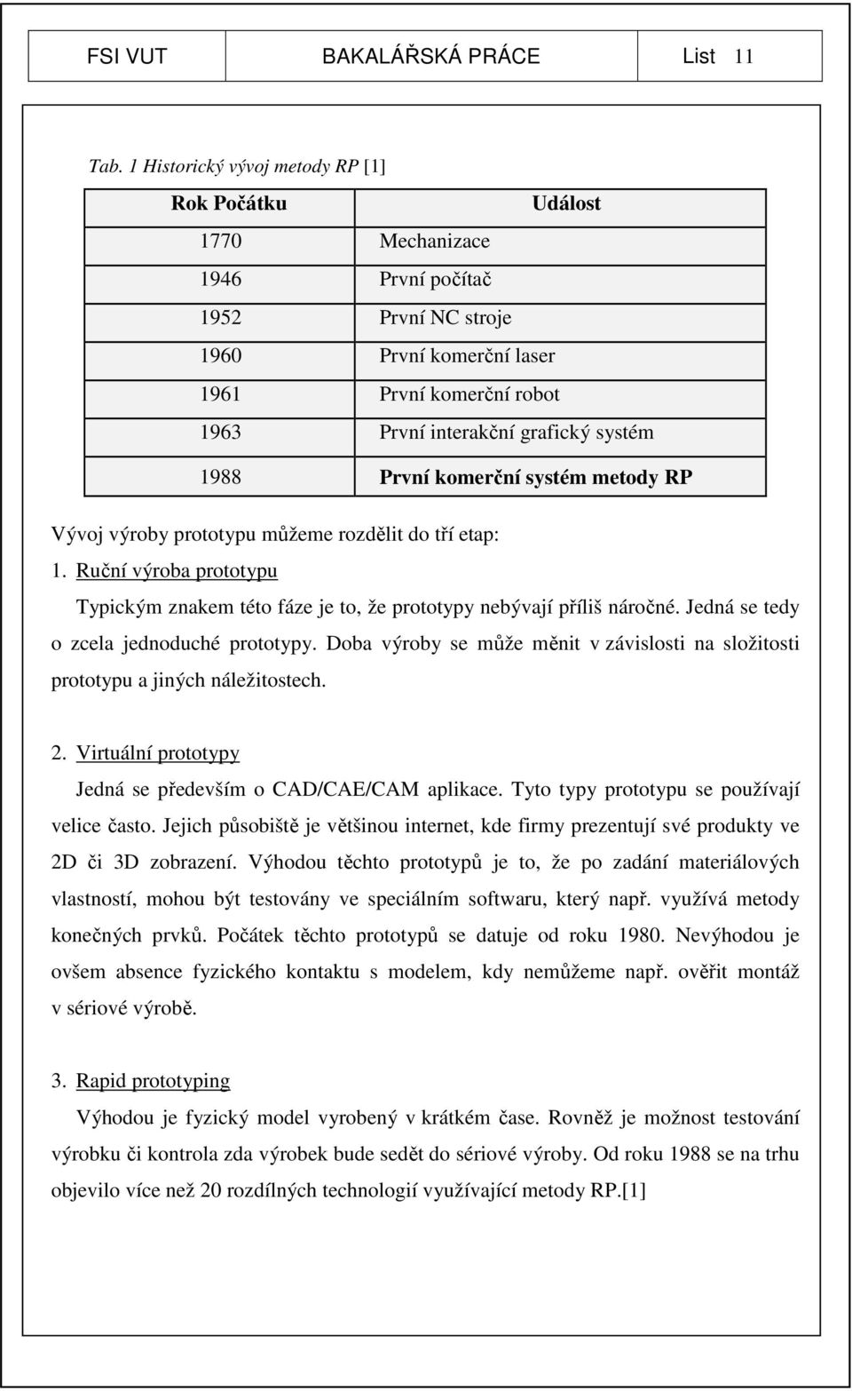 1988 První komerční systém metody RP Vývoj výroby prototypu můžeme rozdělit do tří etap: 1. Ruční výroba prototypu Typickým znakem této fáze je to, že prototypy nebývají příliš náročné.