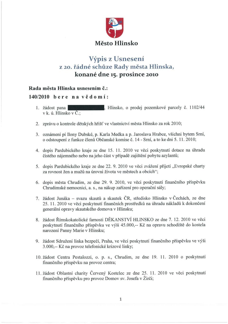 Jaroslava Hrabce, všichni bytem Smí, o odstoupení z ň.inkce členu Občanské komise č. 14- Srní, a to ke dni 5. 11.