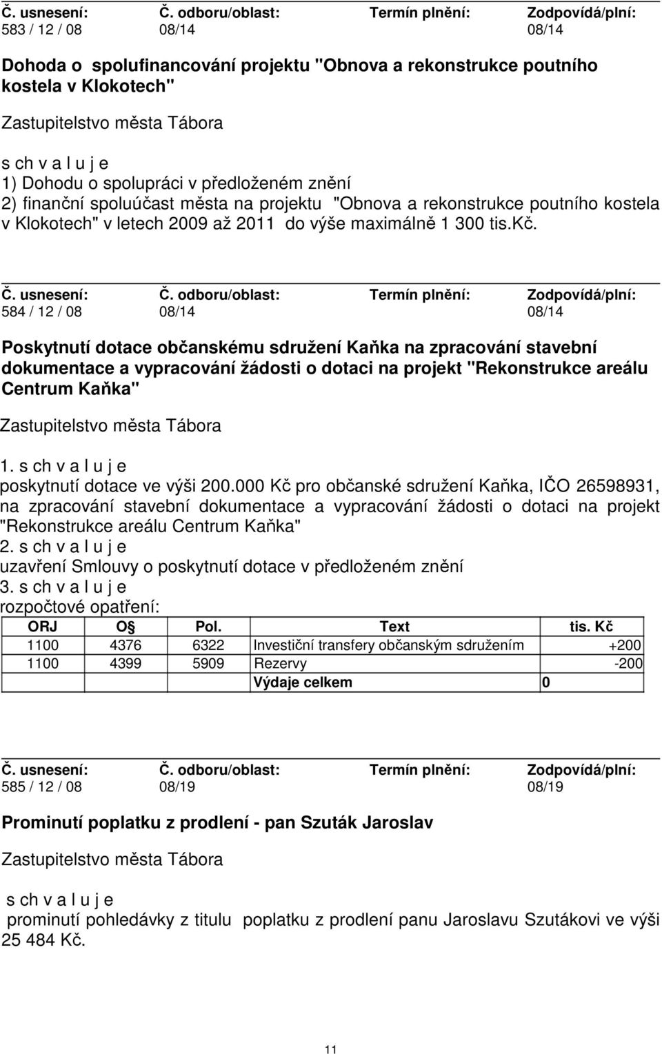 584 / 12 / 08 08/14 08/14 Poskytnutí dotace občanskému sdružení Kaňka na zpracování stavební dokumentace a vypracování žádosti o dotaci na projekt "Rekonstrukce areálu Centrum Kaňka" 1.