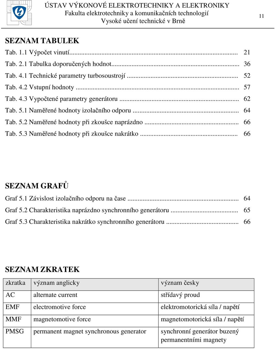 1 Závislost izolačního odporu na čase... 64 Graf 5.2 Charakteristika naprázdno synchronního generátoru... 65 Graf 5.3 Charakteristika nakrátko synchronního generátoru.